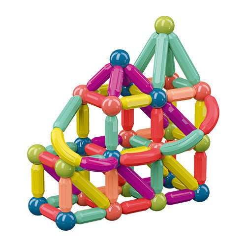 Magnetic Building Blocks Set with bright multicolored plastic rods and round connectors assembled into a geometric structure