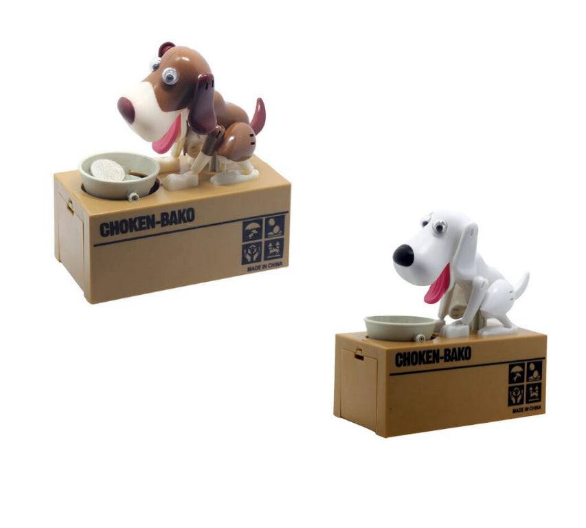 Robotic Dog Piggy Bank in brown and white plastic, with floppy ears, open mouth and coin bowl on a box base