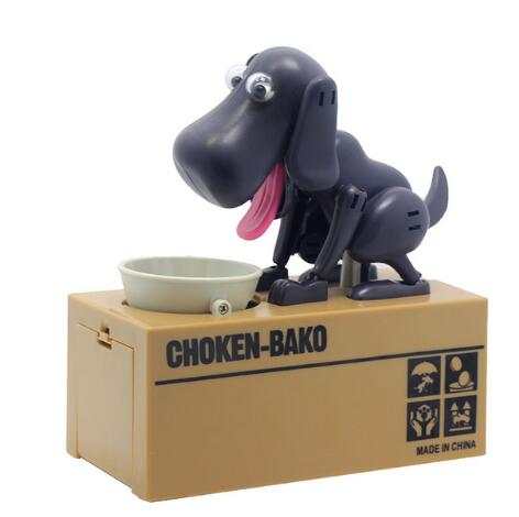 Robotic Dog Piggy Bank in dark purple plastic, with floppy ears, pink tongue and coin bowl atop a tan box