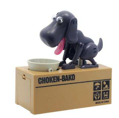 Robotic Dog Piggy Bank in dark purple plastic, with floppy ears, pink tongue and coin bowl atop a tan box