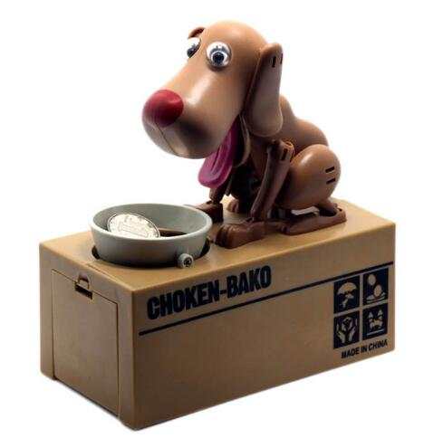 Robotic Dog Piggy Bank in tan plastic with a red nose, floppy ears, pink tongue and coin bowl on a box base