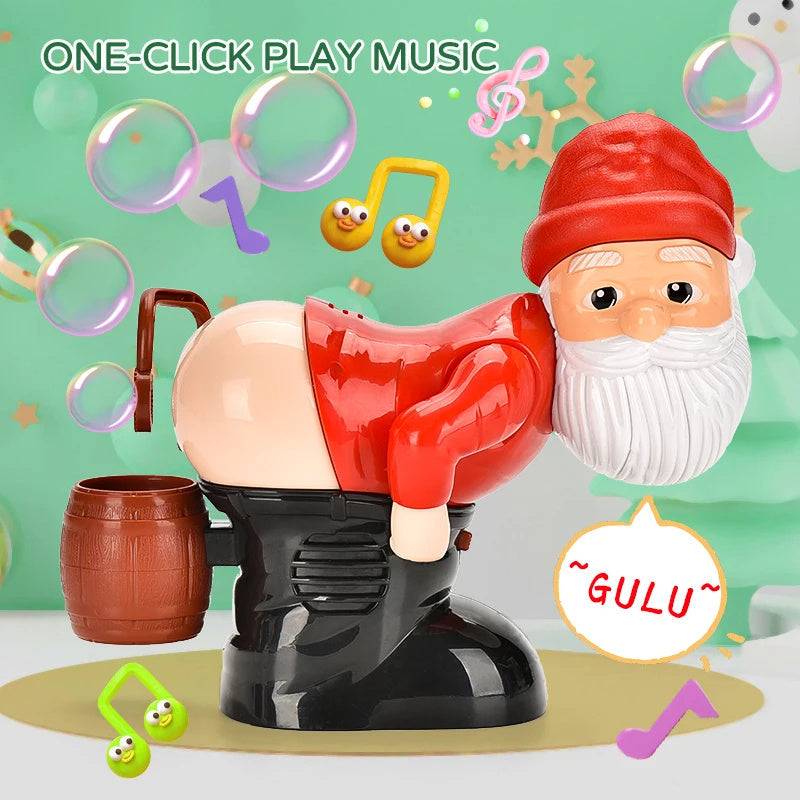 Santa Claus Bubble Machine Toy in red, black, and white plastic, with a barrel, music notes, and floating bubbles
