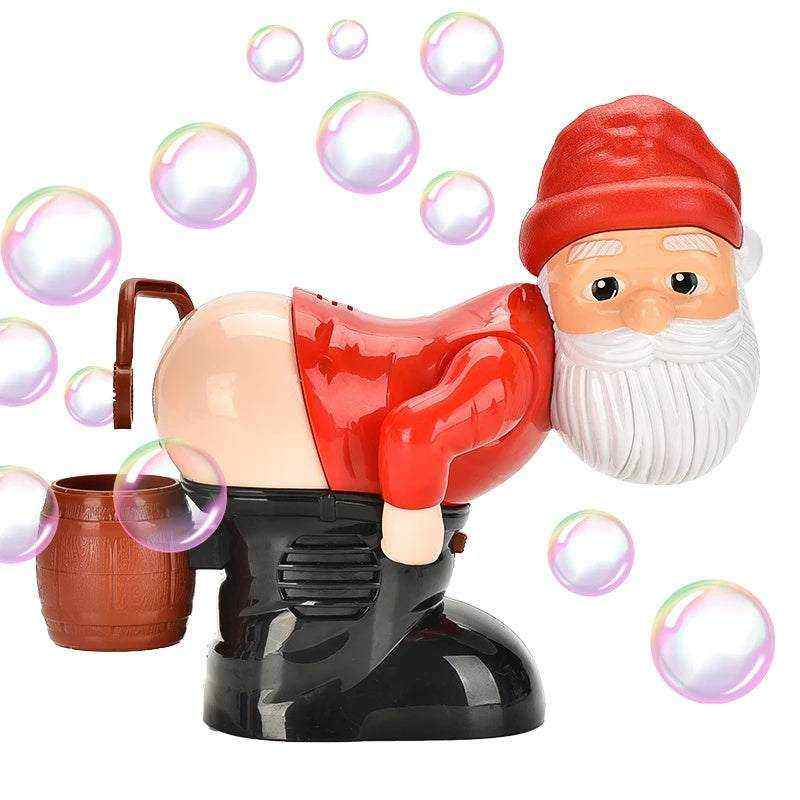 Santa Claus Bubble Machine Toy in red, peach and black plastic, shaped as a bent-over Santa with white beard and bubbles