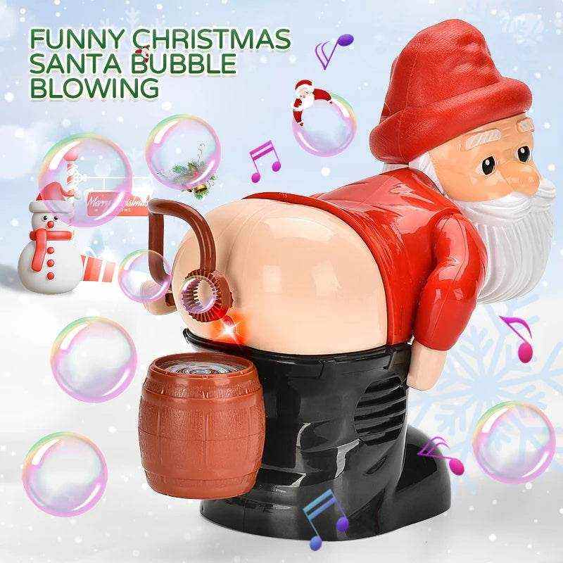 Santa Claus Bubble Machine Toy with red suit and hat, peach face, white beard, black base and brown barrel
