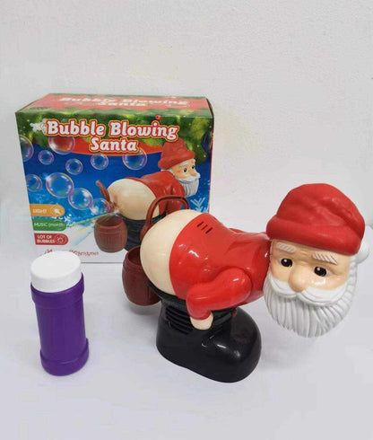 Santa Claus Bubble Machine Toy in red and white plastic, with a black base, bearded Santa head and bubble solution bottle