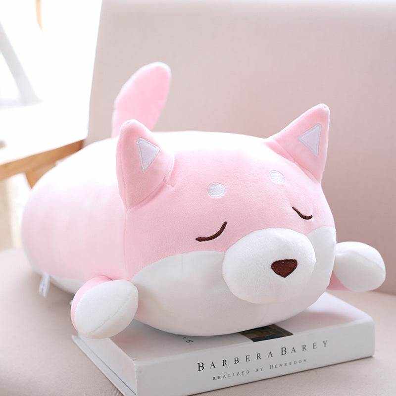 Shiba Inu Plush Toy, chubby pink and white soft plush dog with pointed ears, embroidered face and rounded paws
