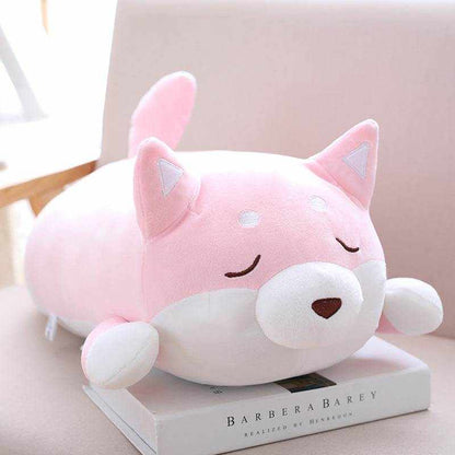 Shiba Inu Plush Toy, chubby pink and white soft plush dog with pointed ears, embroidered face and rounded paws