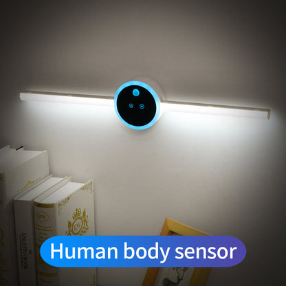Smart LED Cabinet Light with a slim white bar, black circular center, blue illuminated rim and motion sensor