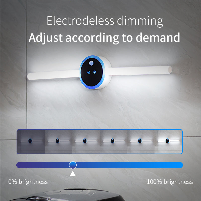 Smart LED Cabinet Light with a slim white bar, black circular control hub and blue rim showing adjustable brightness