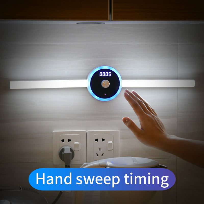 Smart LED Cabinet Light with slim white bar, glowing blue circular clock display and hand-wave sensor control