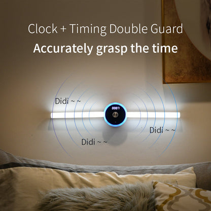 Smart LED Cabinet Light with a slim white bar, central blue-ring digital clock, and motion-sensing wave graphics