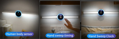 Smart LED Cabinet Light with a slim white bar, round blue-lit display, and motion sensor or hand-sweep controls