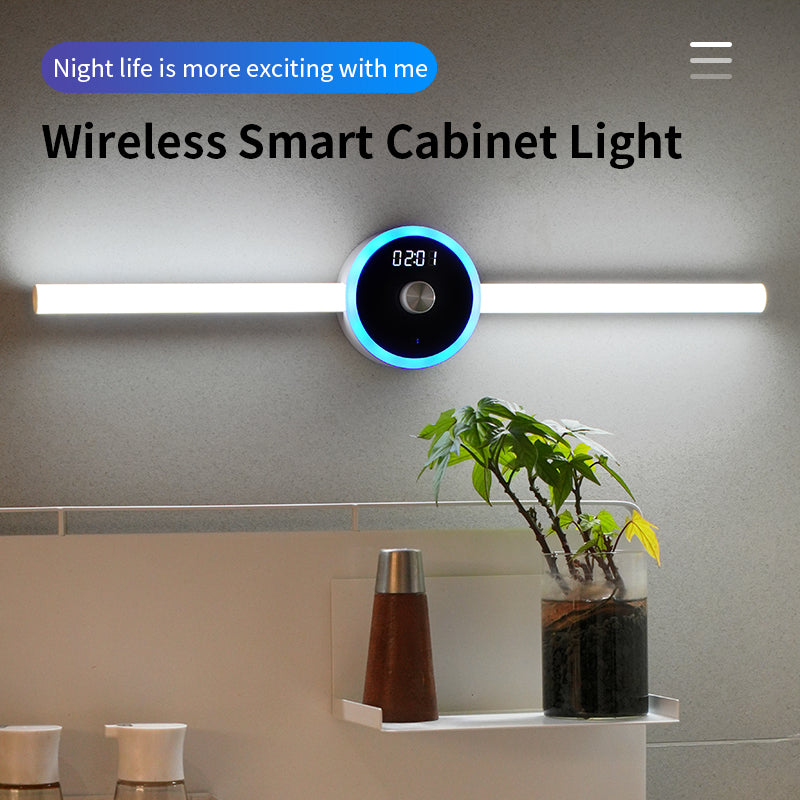Smart LED Cabinet Light with a slim white tube, black circular clock display, and glowing blue ring around its motion sensor
