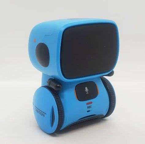 Voice Recognition Robot Toy in bright blue plastic with a large black screen, microphone button, and rounded wheeled body