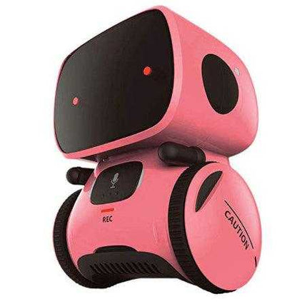 Voice Recognition Robot Toy in pink plastic with a glossy black face, microphone panel, side wheels and caution markings