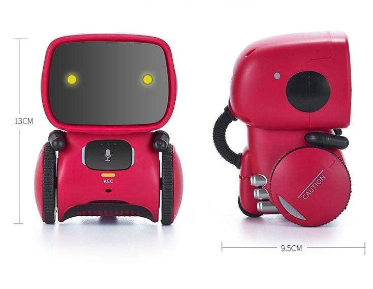 Voice Recognition Robot Toy in bright pink ABS plastic, with a dark screen face, yellow eyes, microphone button and wheels
