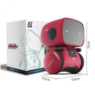 Voice Recognition Robot Toy with a red ABS body, rounded head, dark side panels and large silver faceplate.