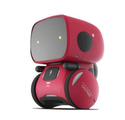 Voice Recognition Robot Toy in glossy red plastic, with a large gray face screen, yellow eyes, black accents and wheels