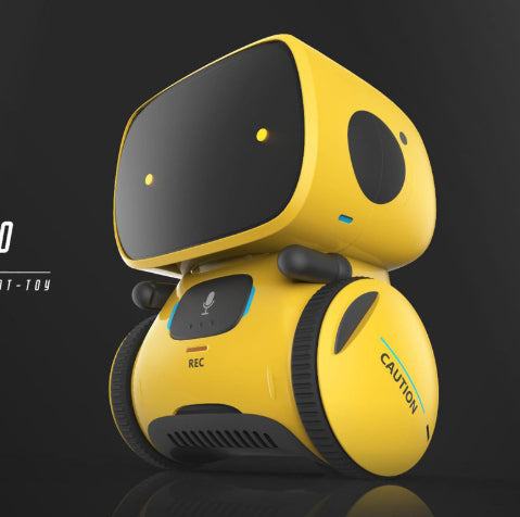Voice Recognition Robot Toy in bright yellow plastic with a black screen face, blue accents and rounded wheels