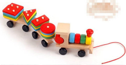 Wooden Train Tractor Puzzle Toy with a red, yellow, blue and green block train, shape-sorter pieces and pull cord