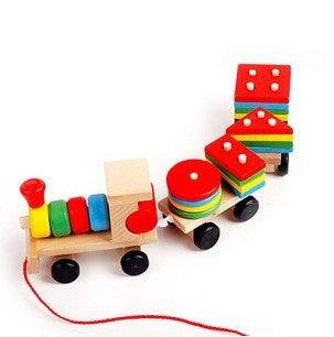 Wooden Train Tractor Puzzle Toy with a natural wood locomotive, red pull cord, and colorful stacked shape blocks