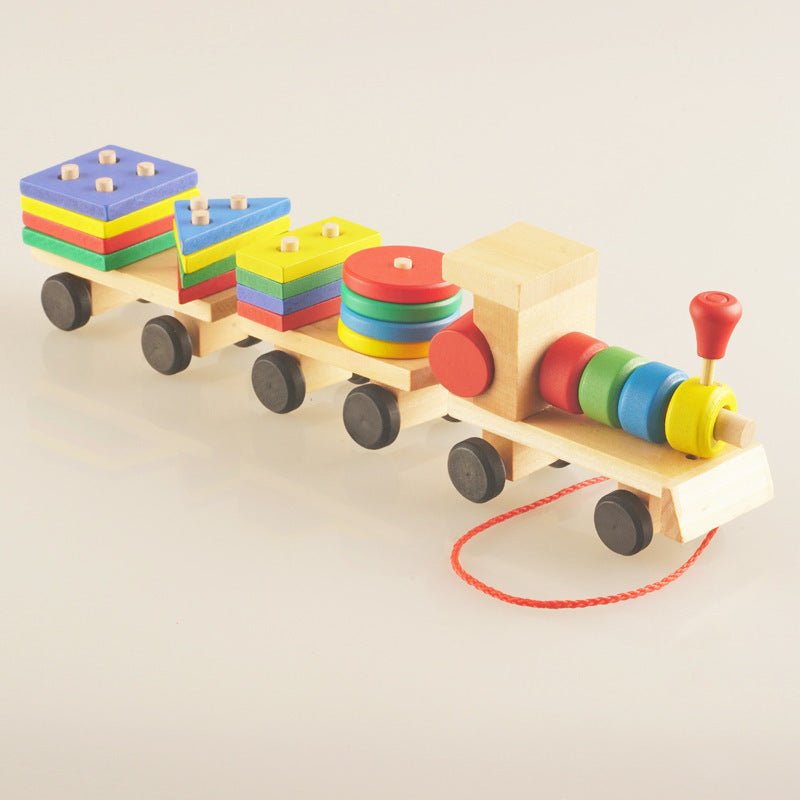 Wooden Train Tractor Puzzle Toy with natural wood train, red pull cord, and colorful stacked shape blocks on carriages